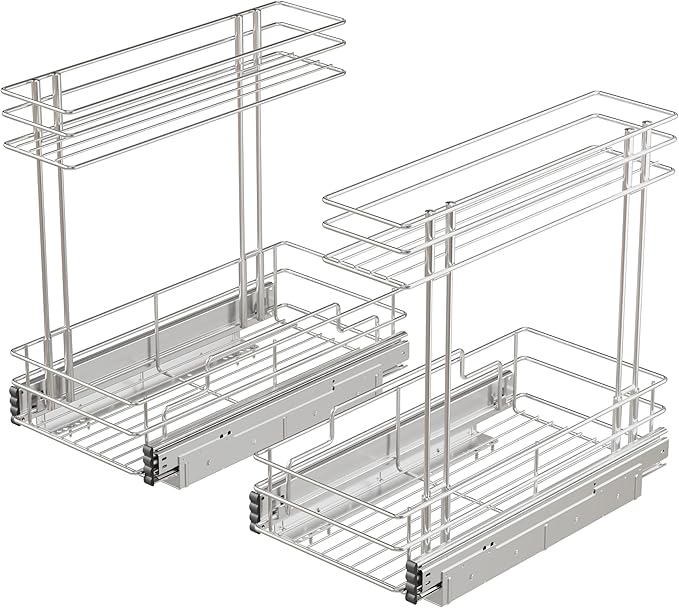 STORKING Under Sink Organizer 9" W X17 D, Pull Out Cabinet Organizer 2 Tier, Under Sink Slide Out Chrome Plated, Under Kitchen Bathroom Sink Organizer, Pantry Cabinet Closet Organization Rack, 2 Pack