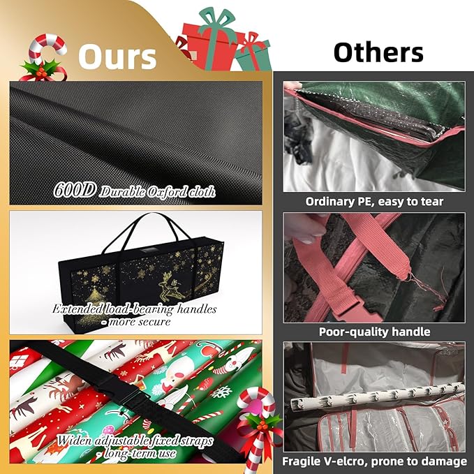 Safana 2 Pack Wrapping Paper Organizer Storage Bag, 42" Durable 600d Oxford Wrapping Organizer Box Under Bed Containers for Decorations Paper Rolls, Ribbons, Bows (Golden Deer)