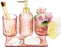 Designer Pink Glass Bathroom Accessories Sets - 4 Pcs with Lotion Soap Dispenser, Bathroom Toothbrush Holder, Vanity Tray, and Apothecary Jar, Vintage Bathroom Decor