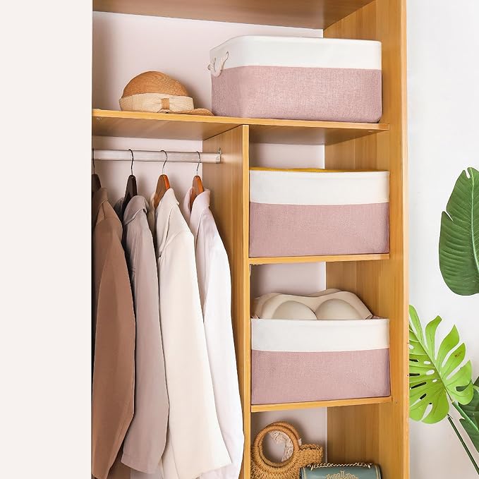Storage Bins with Sturdy Cotton Handles(3 Pack), Fabric Storage Baskets for Organizing use for Office & Home, Book, Clothes, Toys, Closet Boxes (Large, Pink-White, 15.7x11.8x7.9 inches)