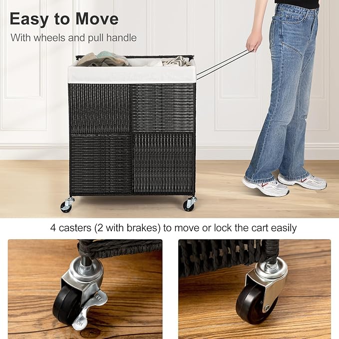 WOWLIVE Double Laundry Hamper with Lid, Handwoven Rolling Laundry Basket with Wheels, 115L Dirty Clothes Hamper with Removable Liner Bag Large Capacity Laundry Sorter Laundry Room Organization,Black