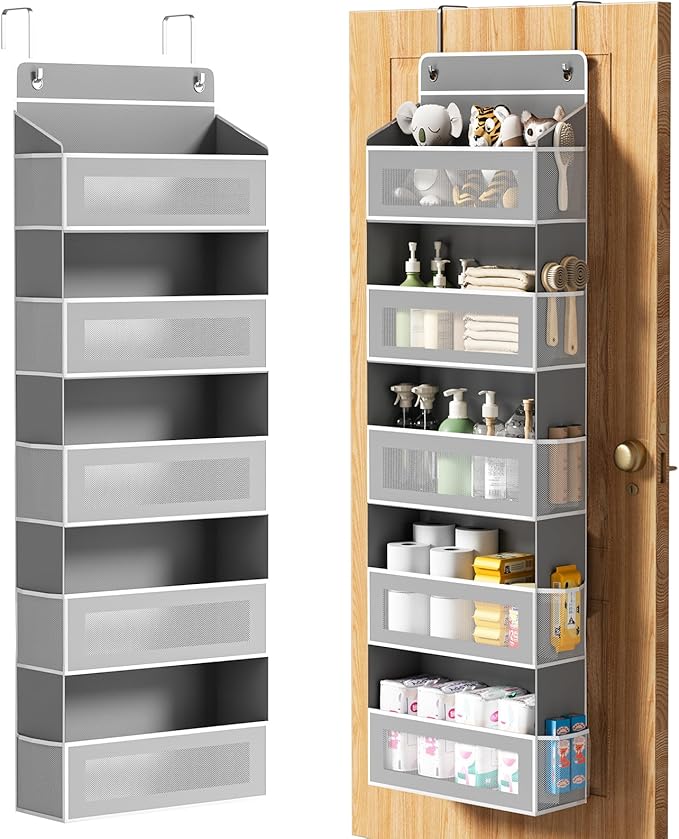 AQOOA Over The Door Organizer Storage, Hanging Door Organizer with 5 Large Capacity Pockets (Grey)