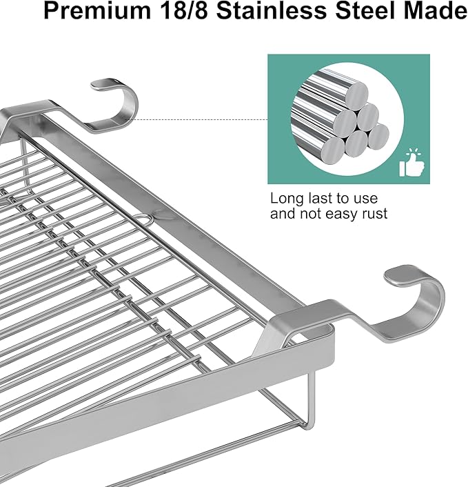 TQVAI Over Sink Dish Drainer Drying Rack, Stainless Steel Foldable Wall Mounted Dish Racks with Drainboard Hanging Rod and Sponge Holder, Silver
