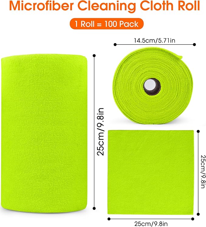CHAUNCEY HOME Microfiber Cleaning Cloth Roll - 100 Pack Tear Away Microfiber Paper Towels, Reusable, Washable, Scratch-Free, Kitchen Towels for Car, Home, Kitchen, Glass, Dishes (Neon Green)