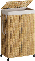 Rolling Laundry Hamper with Wheels and Lid, 90L Slim Laundry Basket with Removable Bag, Foldable Handwoven Rattan Laundry Sorter, Narrow Dirty Clothes Basket Organizer, No Assembly, Natural