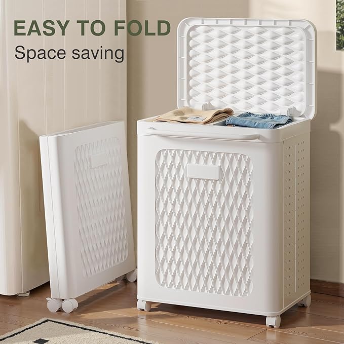 VECELO Rolling Laundry Hamper with Wheels and Lid, Foldable Plastic Laundry Basket with Handle, Rolling Divided Laundry Cart for Small Spaces, Laundry, Bathroom, Bedroom, White