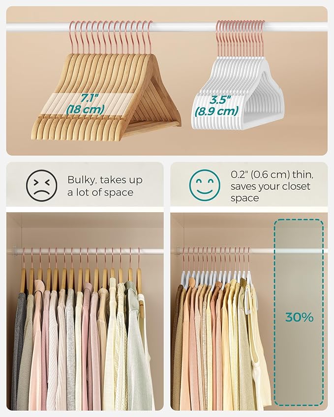 SONGMICS Slim Velvet Hangers, Non-Slip Clothes Hangers with Rose Gold Swivel Hooks, Space-Saving, for Closet, 100 Pack, White UCRF026W100