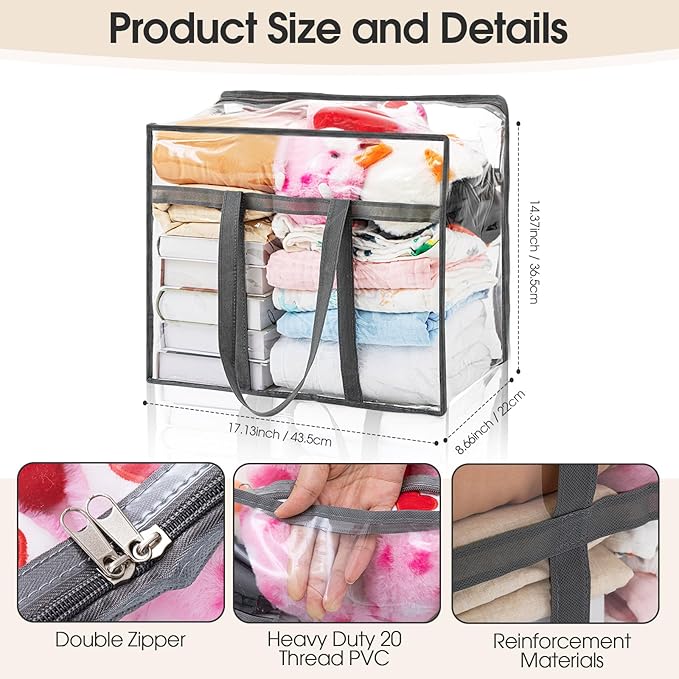 6 PCS Clear PVC Zippered Storage Bags 40L Plastic Closet Organizers and Storage Containers Foldable Moving Bags with Reinforced Handles for Bedding, Blankets, and Seasonal Clothes(Grey)