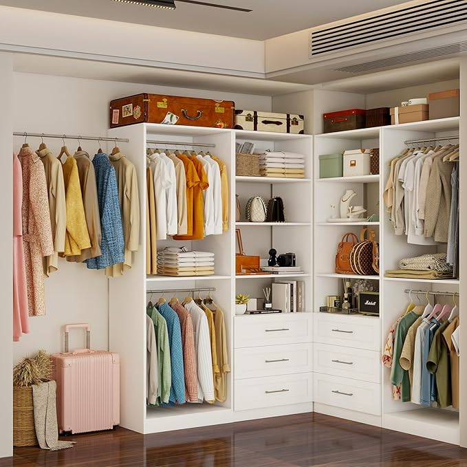 Closet System of 2 Sets with 3 Drawers & 4 Shelves & 4 Hanging Rods, 4FT-10FT Closet Organizer System, Walk in Closet, Modular Closet System White (4FT)