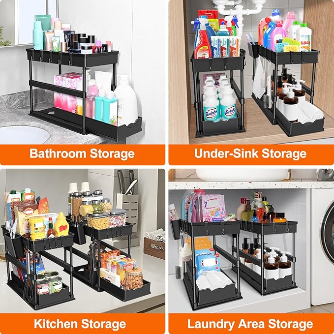 JPart Under Sink Organizer, Kitchen Organizers and Storage, 2-Tier Bathroom Cabinet Organizer with Sliding Drawers, Thickened Construction with Hooks Hanging Cup for Kitchen & Bathroom, 2 Pack