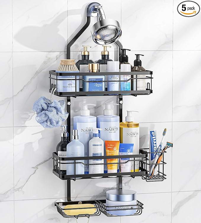 OMAIRA Shower Caddy Organizer Hanging, Adjustable Stainless Steel No Drilling Non-Slip Bathroom Caddy Organizer Storage Shelves for Inside Bath Over Shower Head Rack Holder, Black