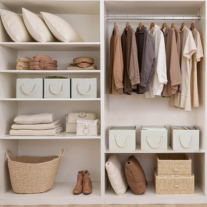 StorageWorks Fabric Storage Bins for Shelves, Storage Baskets for Closet Organization, Organizer Bins for Clothes Storage, Beige, White & Ivory, 3-Pack, Small