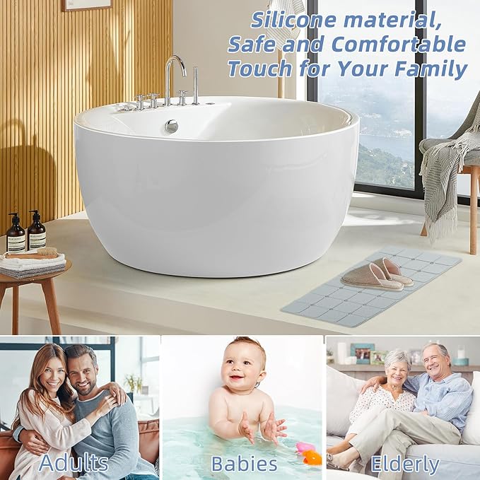 Bathtub Mat Non Slip 15" x 28" Silicone Foldable Tub Mat with Strong Suction Cups & Large Drain Holes, Durable & Eco-Friendly, for Smooth Surfaces, Ideal for Seniors, Adults Grey
