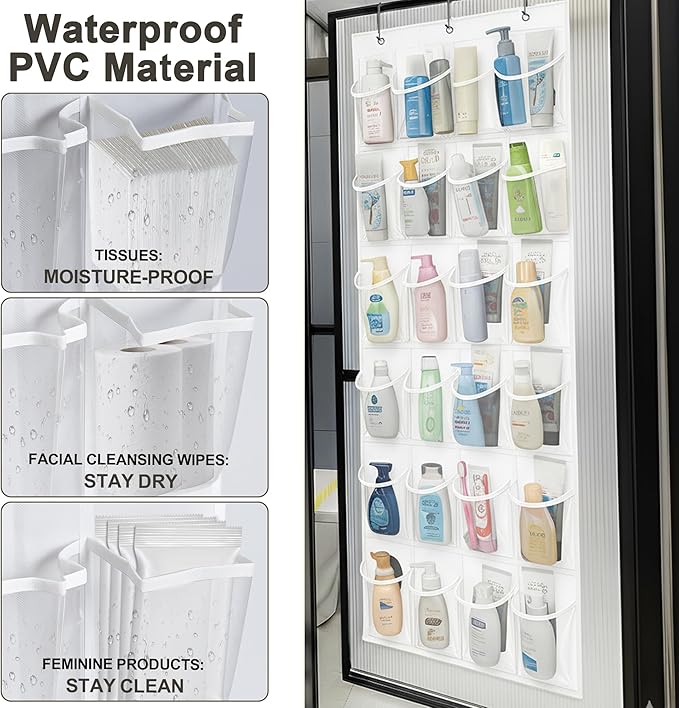 Over The Door Shoe Organizer with 24 Crystal Clear Pockets and Metal Hooks – Heavy Duty Hanging Shoe Storage Rack for Closet, Bathroom, Dorm – Space Saving for Shoes, Accessories, Toys (White)