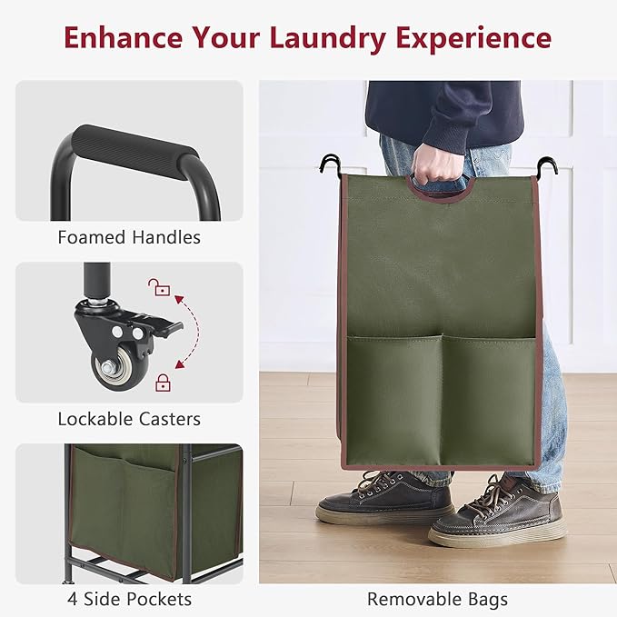 Tajsoon 5 Sections Laundry Sorter, Laundry Hamper with Heavy Duty Lockable Wheels and Removable Bags, 5 Bag Laundry Sorter Cart for Dirty Clothes Storage, Green