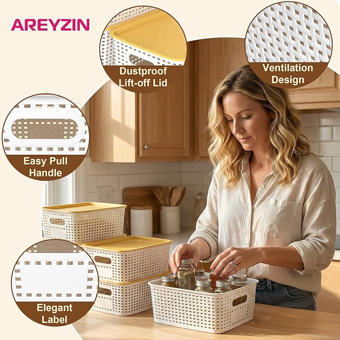 AREYZIN 6 Pack Plastic Storage Bins with Lid,Stackable Storage Bins and Storage Baskets for Shelves,Small Baskets for Organizing, Small Storage Bins,10.2x7.2x4.1 Inch, White