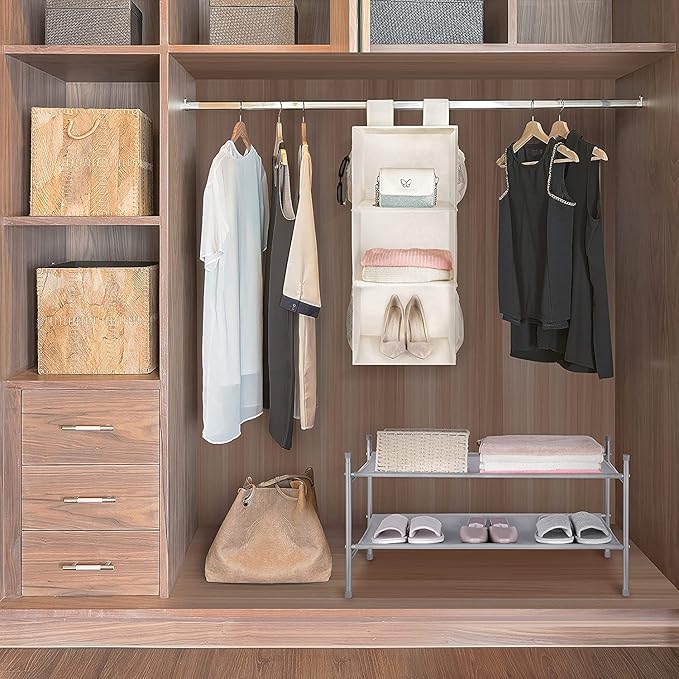 MAX Houser 3-Shelf Hanging Closet Organizers, Collapsible Closet Hanging Shelves for Camper, Nursery Hanging Organizers, Beige, 2-Pack