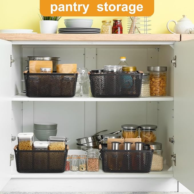 Tioncy 4 Pcs Plastic Mesh Baskets with Wood Handle Woven Mesh Storage Organizer Bins Multi-function Rectangle Baskets for Home Pantries Shelves Closet Kitchens Bedrooms(10.4 x 7.2 x 4.7 Inches)