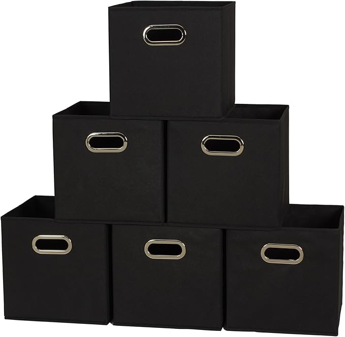 Household Essentials Foldable Fabric Storage Bins 6 Piece Set, Strong Poly-Woven Fabric, Sturdy Chipboard Sides, Grommet Front Handle, Stackable and Foldable, Classic Design, Black