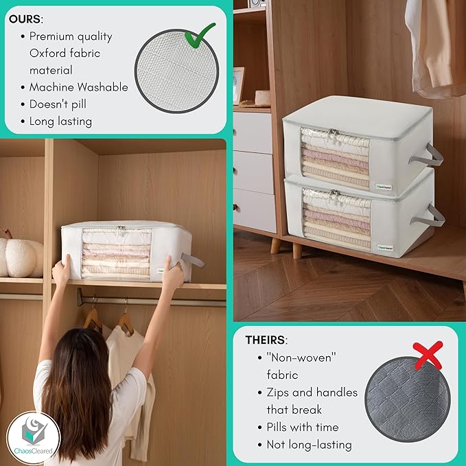 2 Pack Clothing Storage Bags Clothes Organizer folding fabric bags for sweaters, clothing, garment, bedding, quilt, linens, large folding organizers with zip & window, mothproof underbed space savers