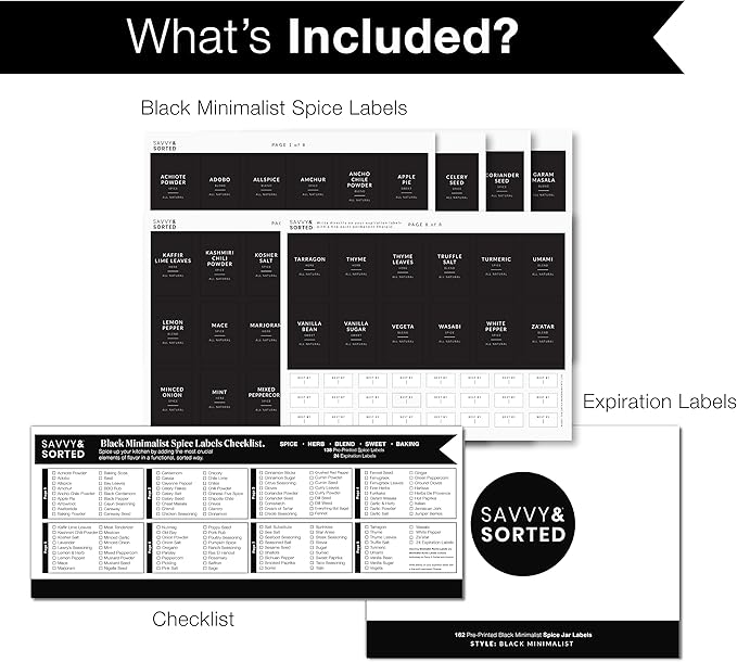 SAVVY & SORTED Black Spice Labels for Jars, 148 Preprinted Organizing Stickers Designed for Spices Storage Glass Bottles for Herbs Seasonings, Kitchen Pantry Organization