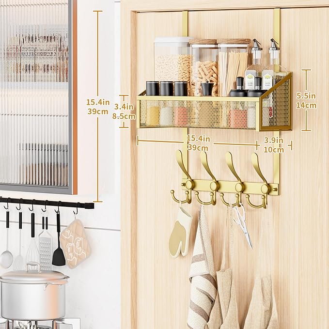 Kaiferty Over The Door Hooks Organizer, Coat Rack Over The Door Storage Hanger Towel Rack, Back of Door Storage Organizer for Bathroom,Bedroom,Kitchen,Office (Gold, 2-Tier)