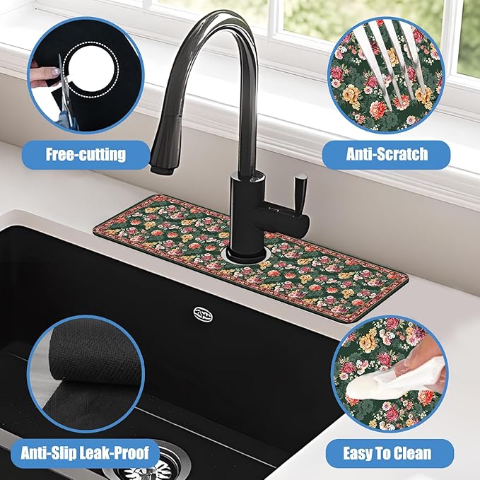 Sink Faucet Absorbing Mat Colorful Flowers Sink Splash Guard Drying Mat for Kitchen Bathroom Faucet Sinkmat 15.5"X5.5"