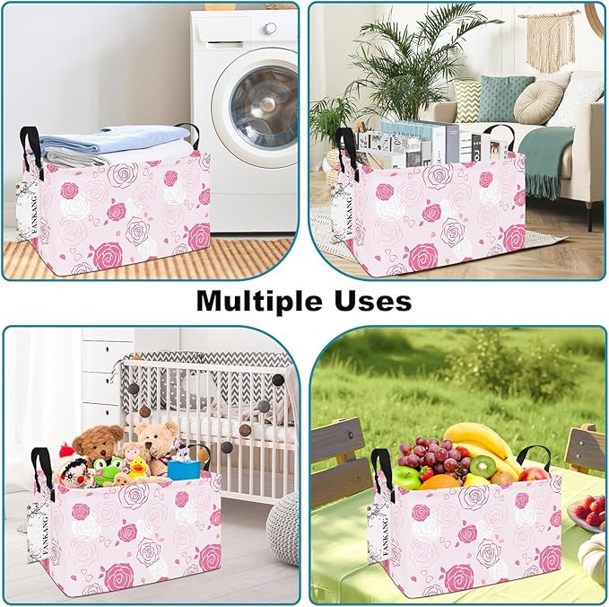 FANKANG Storage Bins, Nursery Hamper Canvas Laundry Basket Foldable with Waterproof PE Coating Large Storage Baskets for Kids Boys and Girls, Office, Bedroom, Clothes,Toys(Rec-Pink roses ）