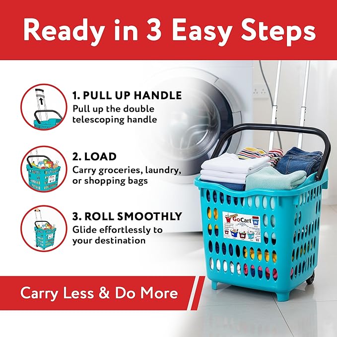dbest products Bigger GoCart Grocery Cart Rolling Shopping Laundry Basket on Wheels Hamper with Telescopic Handle Cleaning Caddy Trolley, Teal, Bigger 1 pack