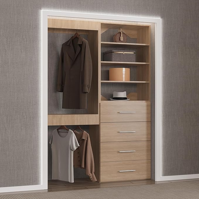 Modular Closet, 64" Wide Organizer with Tower & Drawers, Wood Tower Storage for Walk-In Closets, Wall Mounted Wardrobe Organizer