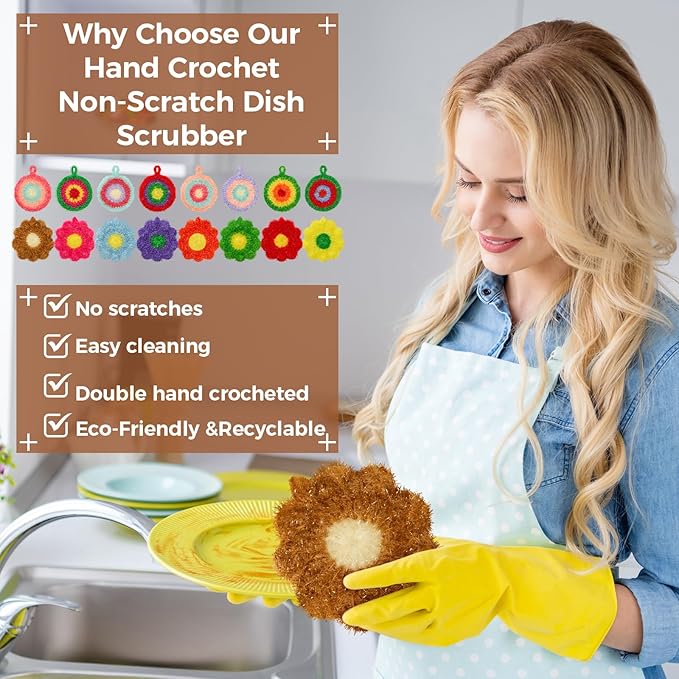 Kenning 16 Pcs Dish Scrubber Non Scratch Dish Washing Scrubbers Reusable Household Cleaning Kitchen Tools for Dishwashing Washing Dishes Cookware Tubs Sinks (Flower)