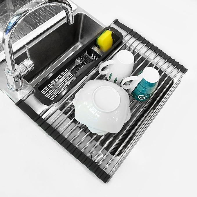 Roll Up Dish Drying Rack Over The Sink, 304 Stainless Stee Dish Drainer, Foldable & Adjustable Sink Drying Rack for Kitchen Sink Counter with Utensil Holder (Black, Roll Up,Small,Expandable)