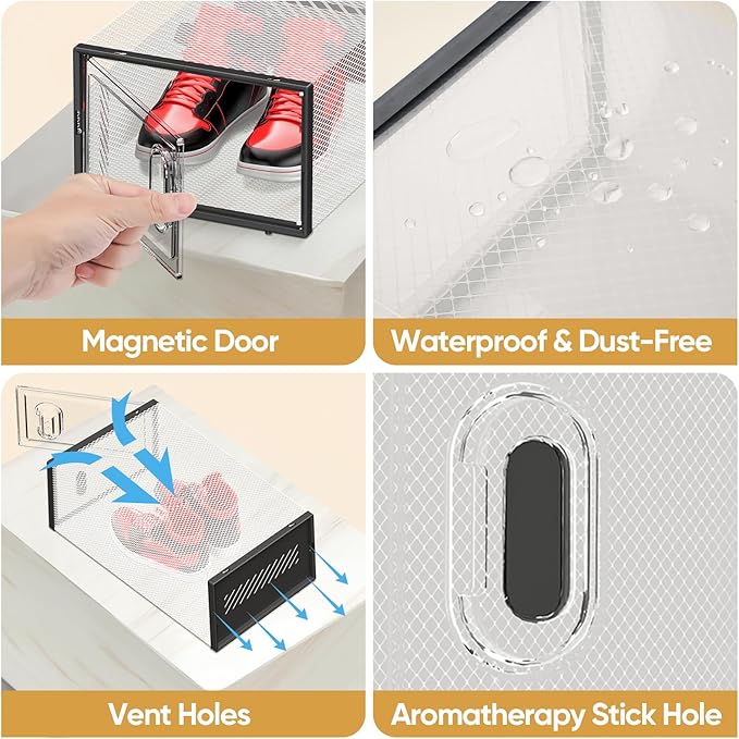 BALEINE 3 Pack Stackable Shoe Storage Boxes Fit Size 9, Thickened Clear Shoe Box Bins with Lids, Plastic Foldable Shoe Rack Organizer Sneaker Storage Containers (Large, Black)
