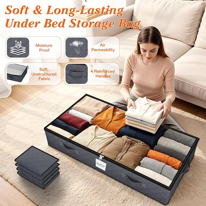 SpaceWhisper 90L Under Bed Storage Containers, 6-Pack Storage Bins with Clear Top, Foldable Closet Organizers and Storage with Label Holder for Clothing, Blankets, Comforter & Pillows (Grey)