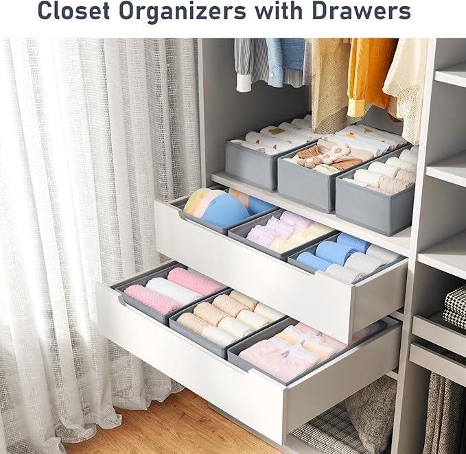 DIMJ Drawer Organizer Clothes - Small Dresser Organizer Underwear Drawer Organizer for Baby Clothes, Socks, Underwear, Bra, Belt, Tie - Grey