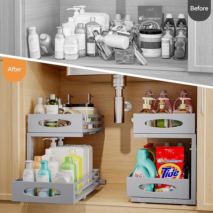 Under Sink Organizer, 2 Tier Under Sink Organizers and Storage, Adjustable Height, Slide out Metal Cabinet Organizers, Pull out Cabinet Storage Drawer Shelf for Kitchen Bathroom (Gray, 1Pack)