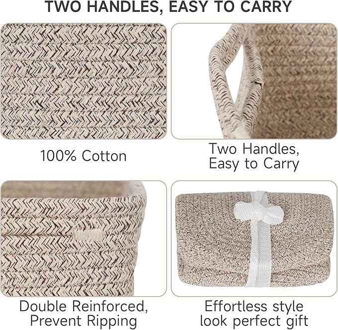 3-Pack Storage Baskets for Organizing | Woven Shelf Toy Basket | Rope Baskets for Gifts Empty | Closet Organizer Bins with Handles | Cube Decorative Box | 13.7×7.1×6.7” | Mixed brown