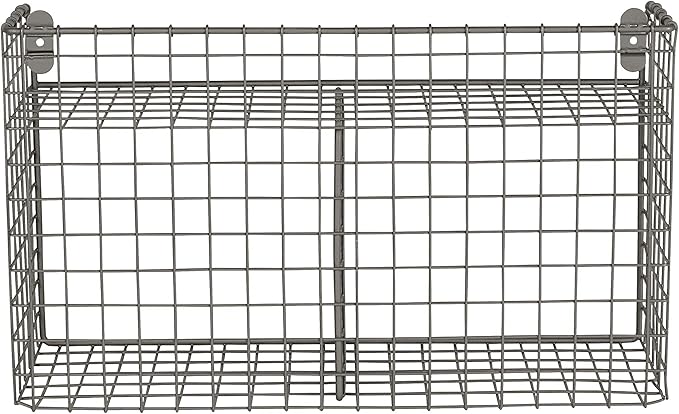 Spectrum 2 Bin Wall Mounted Wire Basket with Shelf Industrial Gray Organizer, Wall Mount Wire Basket Shelves for Kitchen Storage, Vintage Double Bin with Shelf Wall Mount Wire Storage for Organization