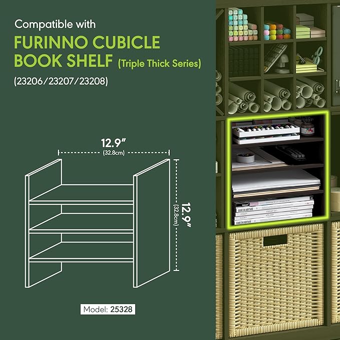 Furinno Cubicle Cube Insert, 3-Shelf Cube Organizer, 3-Tier Shelf Accessory, Fits into Furinno Triple Thick Cubes, IKEA Kallax, for Organizers and Storage, Black Dark Oak