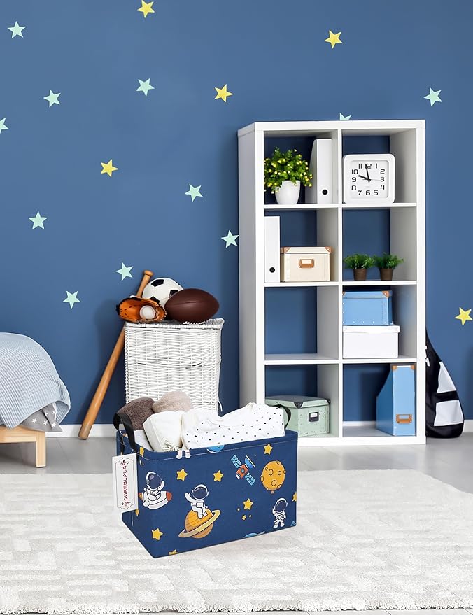 QUEENLALA Rectangular Laundry Hamper/Foldable Nursery Laundry Basket for Organizing/Storage Bin Baskets/Children Toy Office Bedroom/Toy Bin Closet Shelf Baskets（Rec-Yellow Star Astronaut）