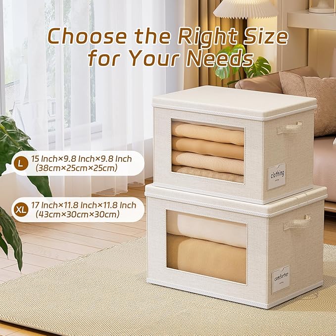 4-Pack Fabric Foldable Storage Bins Closet Storage Box with Window Decorative Storage Bins with Lids for Clothes, Closet, Books, Living Room, Beige, 15“ x 9.8” x 9.8"