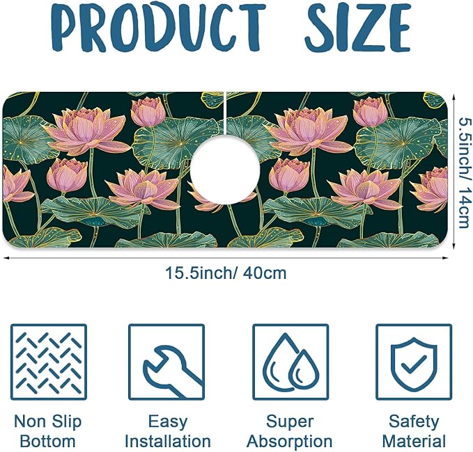 Lotus Pond Pattern Sink Splash Guard Faucet Mat Lotus Flowers Leaves Super Absorbent Fast Drying Mat Sink Gadgets-Splash Guard Behind Faucet Drip Catcher for Kitchen Bathroom, 15.5"x5.5"