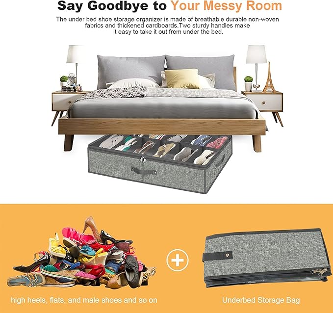 homyfort Under Bed Shoe Storage Organizer for Closet Fits 24 Pairs-Sturdy Underbed Shoe Containers Boxes Organizador De Zapatos with Clear Cover,Set of 2, 29.3 x 23.6 x 5.9inch (Linen-like Grey)