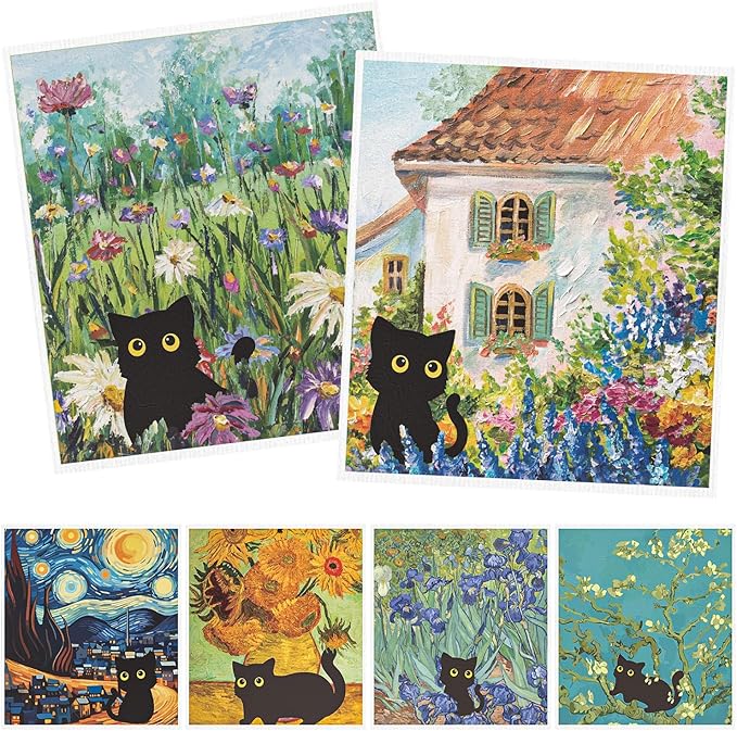 Swedish Dishcloths for Kitchen, 6PCS Black Cat Cellulose Sponge Reusable Paper Towels Washable, Absorbent Fast Drying Swedish Dish Cloth for Home Cleaning