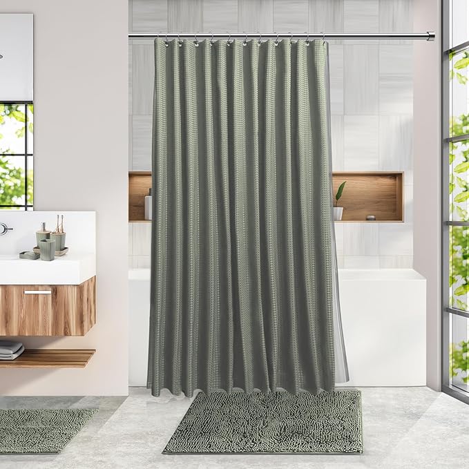 Clara Clark Bathroom Accessories Set - Bathroom Set with Adhesive Corner Shower Caddy Hanging, 25PC Bathroom Accessory Set, Sage Green Shower Curtain Set, Toilet Brush, Trash Can & Soap Dispenser