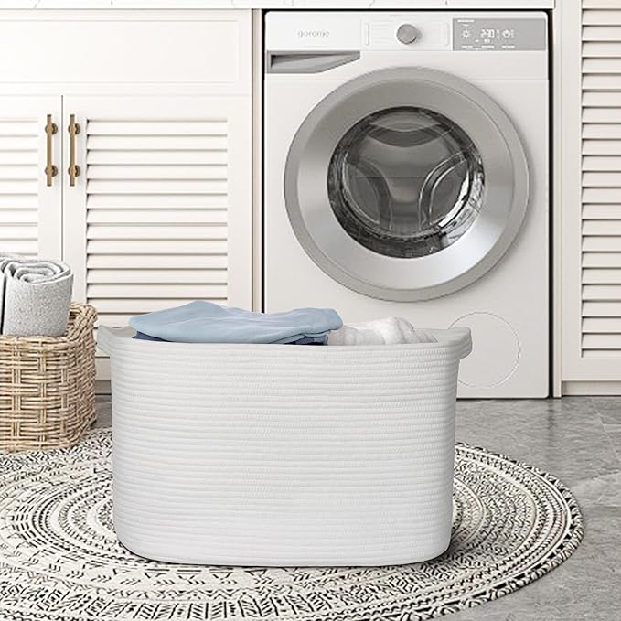Extra Large White Storage Basket, 23.6" x 17" x 12" Rectangle Blanket Storage for Living Room, White Woven Cotton Rope Basket, Big Kids Toy Box Bin, XXXL Wicker Laundry Baskets for Organizing