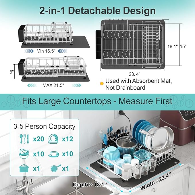 GSlife Large Capacity Expandable Dish Drying Rack with Absorbent Mat, 2-Piece Stainless Steel Dish Drainer Set for Counter with Removable Over Sink Rack, Family Size 16.5"-21.5" L x 15" W, Silver
