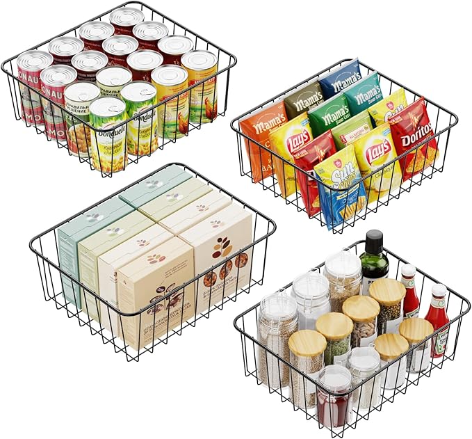 iSPECLE Wire Basket - 4 Pack Small Wire Storage Baskets Organizer Bins, Pantry Cabinet Shelf Kithen Storage Organization for Easily Get Items, Black