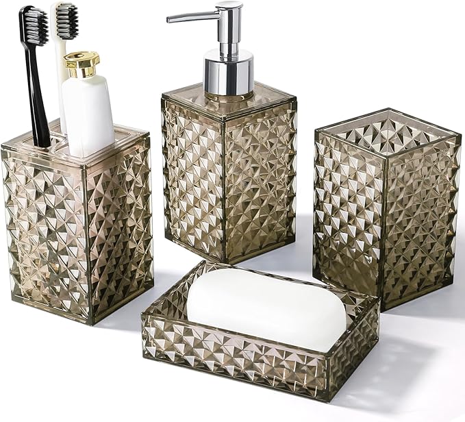 Brown Bathroom Accessories Set, 4 Pack Acrylic Bath Accessory Sets Complete, Diamond Soap Dispenser and Toothbrush Holder Bathroom Counter Sink Set, Boho Modern Bathroom Decor
