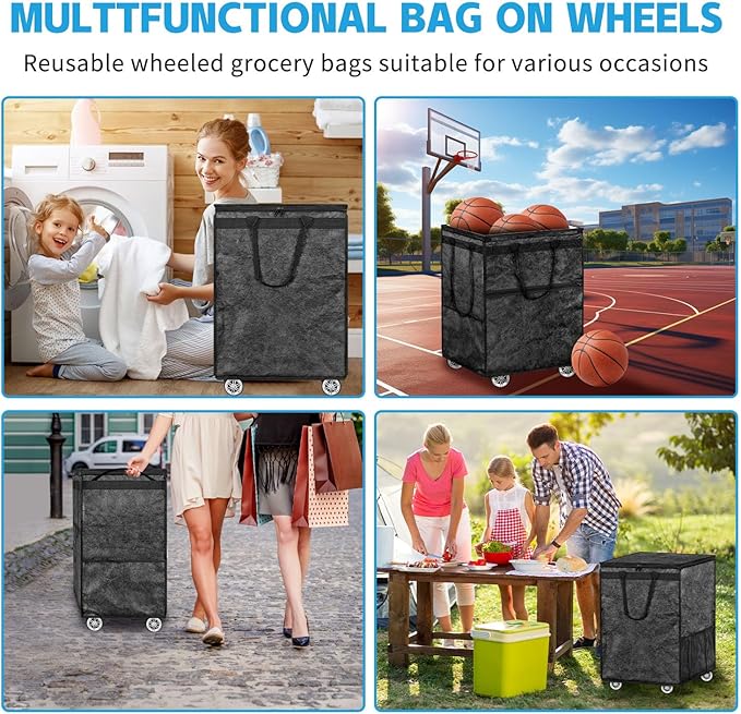 Boczif Large Laundry Basket Hamper Bag, Reusable Grocery Bag Collapsible Cart with Wheels and Handle, Rolling Tote Shopping Bags Storage Organizer for Clothes & Groceries, Trip, Sports, Picnic (Black)